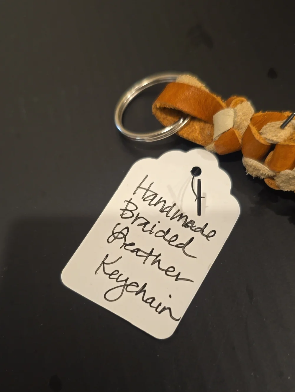 Handmade Braided Leather Keychain - Tan & Orange